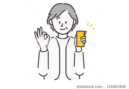 An elderly woman holding a smartphone in one hand An elderly woman holding a smartphone in one hand 126863846