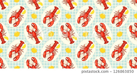 Colorful seamless pattern featuring red lobsters paired with lemons on a light blue checkered background, perfect for use in creative projects, kitchen decor, sea-themed designs. Vector illustration 126863850