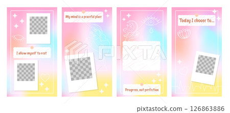 Set of four pastel Instagram story templates with self-care affirmations, photo placeholders, linear illustrations and decorative elements. Vector editable layout for mental health content. 126863886