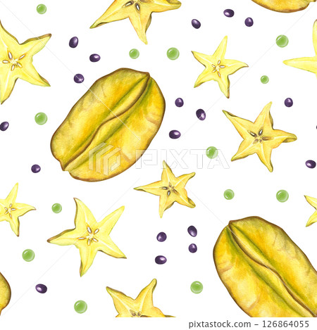 Whole starfruit with slices, black seeds and abstract yellow juice circles watercolor seamless pattern. Tropical and refreshing fruits illustration for food packaging, summer collection, textile 126864055