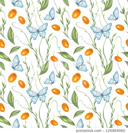 Whimsical seamless watercolor pattern with blue butterflies flying among curling vines and orange kumquats. Tropical ornate isolated background. For summer textile design, wallpaper, packaging Whimsical seamless watercolor pattern with blue butterflies flying among curling vines and orange kumquats. Tropical ornate isolated background. For summer textile design, wallpaper, packaging 126864060