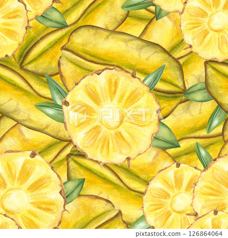 Watercolor seamless pattern of round pineapple slices layered over starfruit in rich yellow tones. Hand painted sunny tropical dense ornate for food packaging, restaurant branding, summer collection Watercolor seamless pattern of round pineapple slices layered over starfruit in rich yellow tones. Hand painted sunny tropical dense ornate for food packaging, restaurant branding, summer collection 126864064