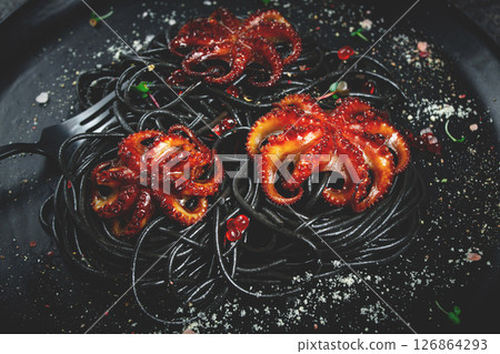 black spaghetti with baby octopuses, homemade, no people, black spaghetti with baby octopuses, homemade, no people, 126864293