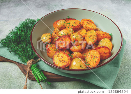Baked new potatoes, with butter and dill, homemade, no people, 126864294