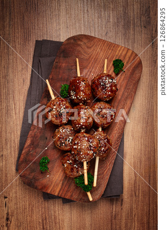 Tsukune, Japanese meatballs, minced chicken, fried on a skewer, with yakitori sauce, homemade, no people, Tsukune, Japanese meatballs, minced chicken, fried on a skewer, with yakitori sauce, homemade, no people, 126864295