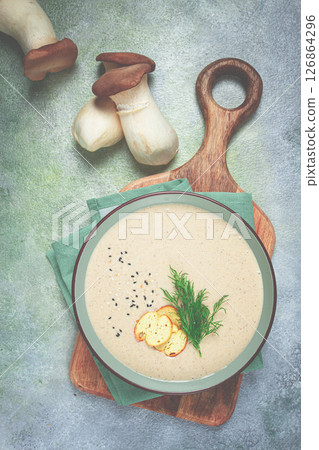 mushroom cream soup, with dill and bruschetta, mushroom eringi, mushroom cream soup, with dill and bruschetta, mushroom eringi, 126864296