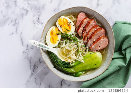 ramen soup with duck and noodles, with eggs and bok choy, homemade, no people, 126864334