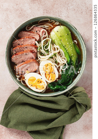 ramen soup with duck and noodles, with eggs and bok choy, homemade, no people, 126864335