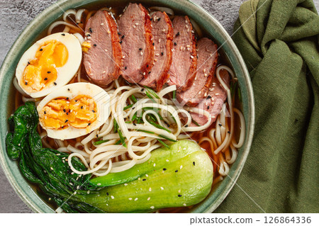 ramen soup with duck and noodles, with eggs and bok choy, homemade, no people, 126864336