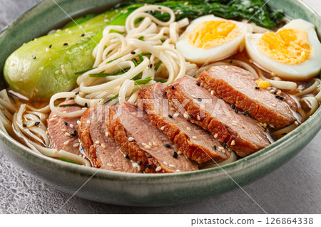 ramen soup with duck and noodles, with eggs and bok choy, homemade, no people, ramen soup with duck and noodles, with eggs and bok choy, homemade, no people, 126864338