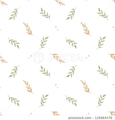 Watercolor pattern leaves, branches, grass pastel beige green color. Hand drawn illustration on transparent background in children's style. Seamless print, fabric, newborn clothes, packaging wallpaper Watercolor pattern leaves, branches, grass pastel beige green color. Hand drawn illustration on transparent background in children's style. Seamless print, fabric, newborn clothes, packaging wallpaper 126864376
