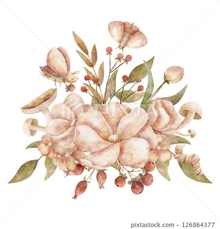 Watercolor illustration autumn bouquet flowers, leaves, mushrooms, berries, insects moth butterfly caterpillar. Harvest hand drawn on isolated background for design cards poster holiday clothes dishes Watercolor illustration autumn bouquet flowers, leaves, mushrooms, berries, insects moth butterfly caterpillar. Harvest hand drawn on isolated background for design cards poster holiday clothes dishes 126864377