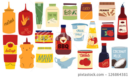 Cartoon set of sauces and dressings. Mayonnaise, barbecue, ketchup,mustard, soy sauce, tartar, curry. Various bottles and cans of sauces. 126864381