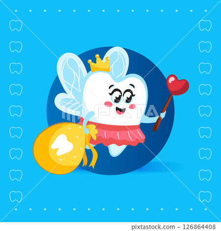 Cute Tooth Fairy Character Flying with Magic Wand and Tooth Bag 126864408