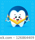 Cute Hungry Tooth Character with Bib on Blue Background 126864409