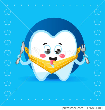 Cute Hungry Tooth Character with Bib on Blue Background 126864409