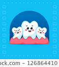Three Cute Tooth Characters Hugging on Blue Background 126864410