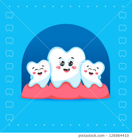 Three Cute Tooth Characters Hugging on Blue Background 126864410