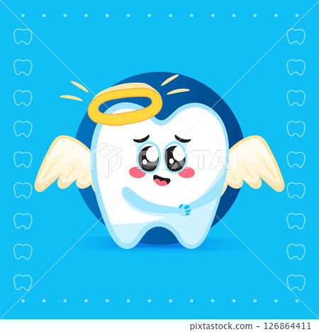 Cute Tooth Character with Angel Wings and Halo on Blue Background Cute Tooth Character with Angel Wings and Halo on Blue Background 126864411