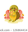 Cute Turtle Mascot Eating Pizza with Plants 126864414