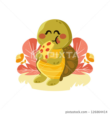 Cute Turtle Mascot Eating Pizza with Plants 126864414