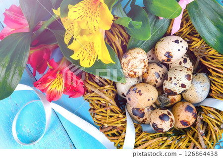 Happy Easter. Congratulatory easter background. Easter eggs and flowers. Happy Easter. Congratulatory easter background. Easter eggs and flowers. 126864438