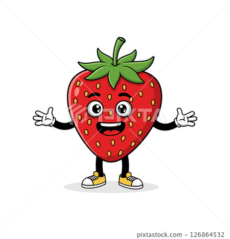 A flat vector cartoon strawberry character with big eyes, arms, and sneakers, smiling on white background 126864532