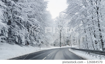 Road for traffic with sign between winter forest. Much trees covered with snow and ice in cold weather. Road for traffic with sign between winter forest. Much trees covered with snow and ice in cold weather. 126864570