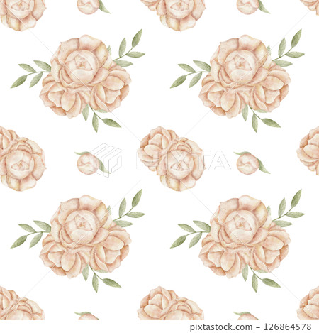 Seamless pattern flowers peach color, peonies, roses with leaves. Watercolor illustrations hand-drawn in a children's style on a white background for textiles, fabrics, packaging, clothes, postcards 126864578