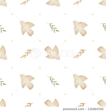 Watercolor baby pattern bird flying, leaves, branches, pastel beige green color. Hand drawn illustration stylized on transparent background. Seamless print, fabric, newborn clothes packaging wallpaper 126864580