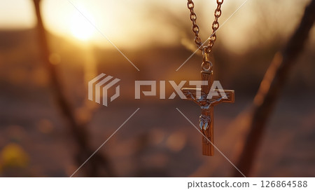 Crucifix pendant sways in the evening breeze under a vibrant sunset moment of contemplation Crucifix pendant sways in the evening breeze under a vibrant sunset moment of contemplation 126864588
