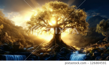 Symbolic representation of the tree of life in Eden reflecting eternal life and divine prophecy 126864591