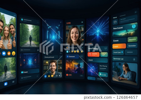 Immersive dark interface displays live chats, video streams, virtual events, and social interactions in futuristic digital workspace. Immersive dark interface displays live chats, video streams, virtual events, and social interactions in futuristic digital workspace. 126864657