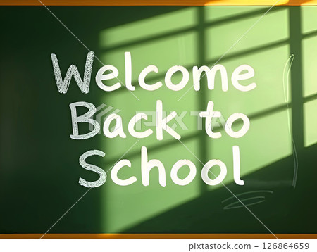 Realistic a wooden-framed green chalkboard with Welcome Back to School handwritten in white Realistic a wooden-framed green chalkboard with Welcome Back to School handwritten in white 126864659