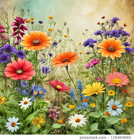 Colorful wildflowers blooming in a lush summer garden, featuring various flowers in full bloom 126864660