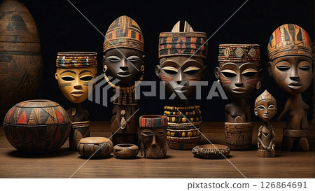 Collection of intricately carved african masks and wooden sculptures, tribal art, detailed craftsmanship, cultural heritage 126864691