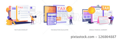 Tax Filing and Deduction Tools abstract concept vector illustrations. 126864887