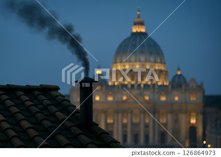 Symbolic moment of papal conclave. Black smoke rising from chimney on Vatican rooftop, signaling no new pope has been elected Symbolic moment of papal conclave. Black smoke rising from chimney on Vatican rooftop, signaling no new pope has been elected 126864973