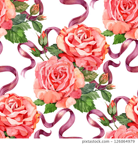 Roses and pink ribbons seamless pattern, watercolor. Hand drawn vintage style illustration. Wedding cards, wrapping paper, textile, fabric, covers, banners. Roses and pink ribbons seamless pattern, watercolor. Hand drawn vintage style illustration. Wedding cards, wrapping paper, textile, fabric, covers, banners. 126864979