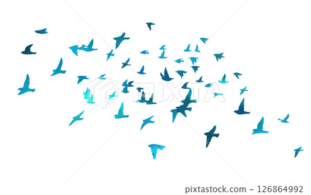 Flying birds blue silhouette flock. hand drawing. Not AI. Vector illustration 126864992
