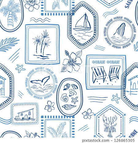 Blue summer vacation seamless pattern. Vector sea travel stamps wallpaper. Sailboat, beach house, ocean vibes. Blue summer vacation seamless pattern. Vector sea travel stamps wallpaper. Sailboat, beach house, ocean vibes. 126865305
