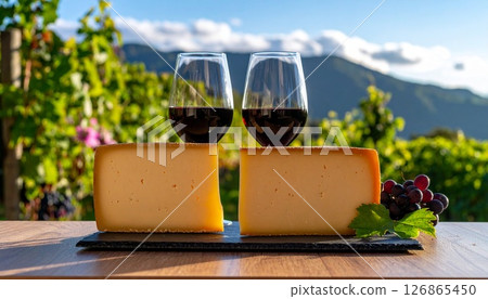 餐桌上的孔泰起司和葡萄酒 126865450