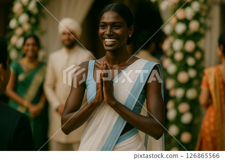 Dark Skinned Indian Woman in Modern White and Blue Saree Greeting at Wedding 126865566