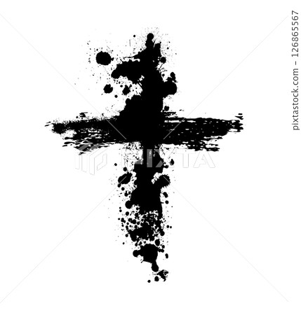 Christian cross vector. Black blotted cross. hand drawn. Not AI, Vector 126865567