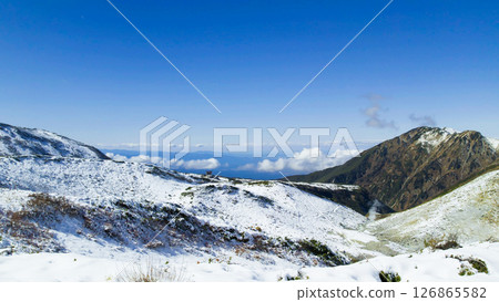 Aerial view of snowy scenery at Tengu-daira in Mt. Tateyama, with the mountain ranges of the Noto Peninsula in the distance 126865582
