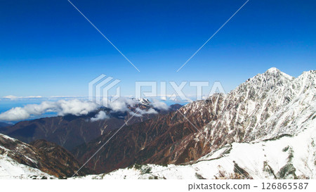 Aerial view of snowy scenery of Mt. Tsurugi and the blue Sea of Japan Aerial view of snowy scenery of Mt. Tateyama Murododaira View of Mt. Tsurugi from the Enmadai Observatory 126865587