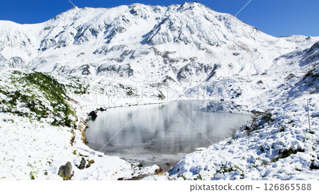 Aerial view of the snowy landscape of Murododaira, Mt. Tateyama, and the thin ice of Mikurigaike Pond and the Tateyama mountain range 126865588
