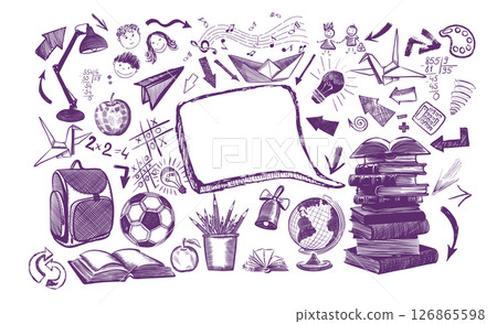 Welcome Back to school horizontal banner, doodle on checkered paper background, vector illustration. Drawing with a blue pen on a notebook sheet . Handmade, not AI Vector illustration Welcome Back to school horizontal banner, doodle on checkered paper background, vector illustration. Drawing with a blue pen on a notebook sheet . Handmade, not AI Vector illustration 126865598