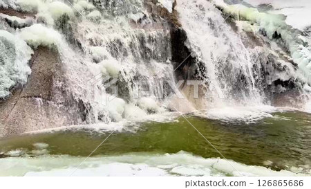 Forest river and waterfall in winter Forest river and waterfall in winter 126865686