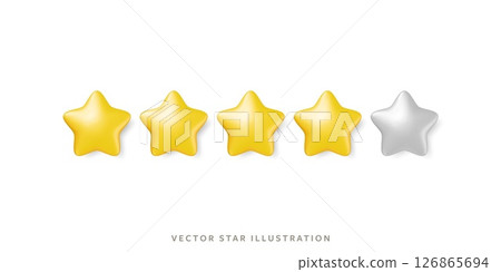 Four glossy gold stars in row for customer review. 3d realistic vector yellow 5 star objects design 126865694